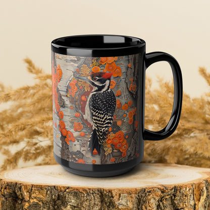 Woodpecker Black Mug - Vibrant Forest Bird Coffee Cup, Botanical Woodland Art Gift, Rustic Nature Drinkware