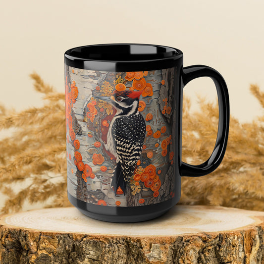Woodpecker Black Mug - Vibrant Forest Bird Coffee Cup, Botanical Woodland Art Gift, Rustic Nature Drinkware