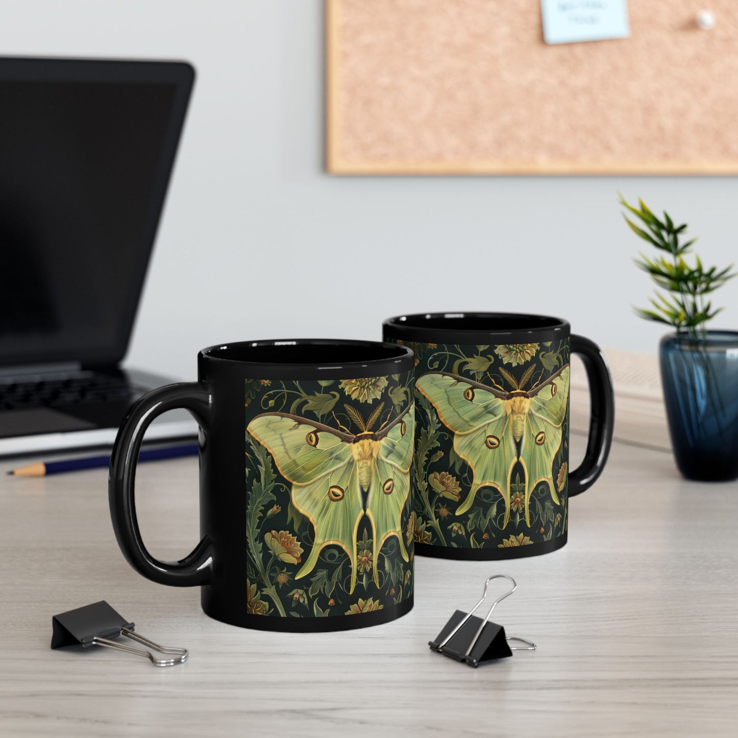 Woodland Luna Moth William Morris Inspired Black Coffee Mug For Her Him Ceramic Mug Black Mug 11oz, 15oz