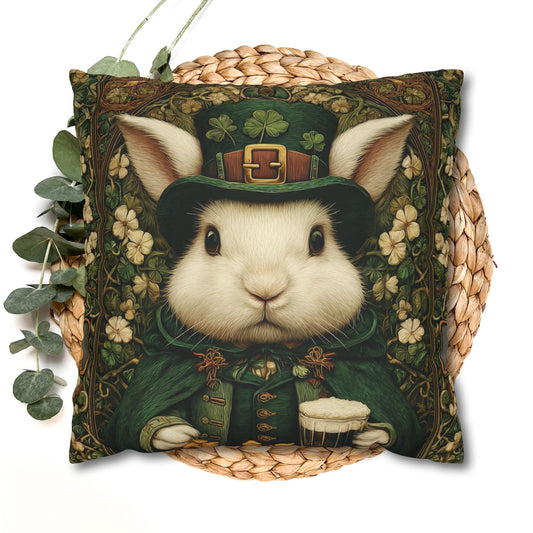 Leprechaun Bunny Decorative Pillowcase, St Patrick Day William Morris Style Rabbit Cushion
