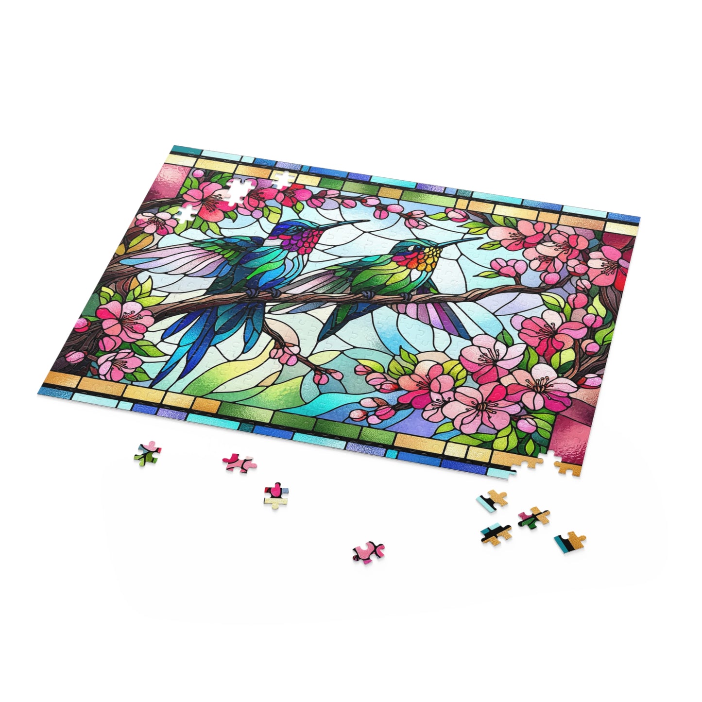 Stained Glass Hummingbirds Spring Cherry Blossom Puzzle Box (120, 252, 500-Piece) Adult Jigsaw Puzzle, Gift Him Her
