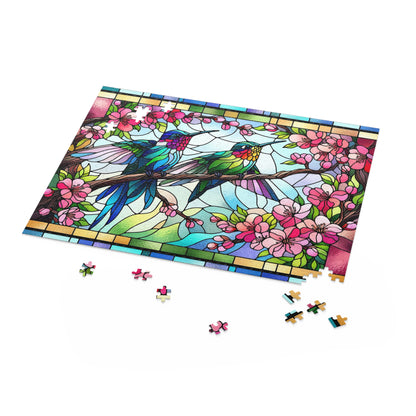 Stained Glass Hummingbirds Spring Cherry Blossom Puzzle Box (120, 252, 500-Piece) Adult Jigsaw Puzzle, Gift Him Her