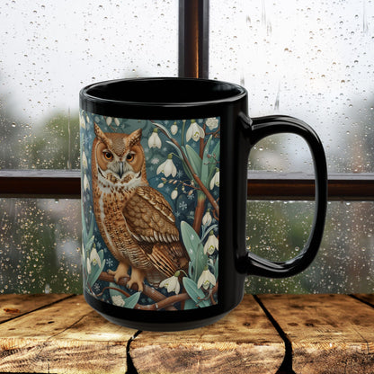 Whimsical Owl Snowdrop Floral Black Mug - Woodland Nature Coffee Cup, Forest Animal Art Gift, Cozy Rustic Drinkware