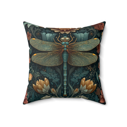 William Morris Inspired Dragonfly Pillow, Teal Botanical Art Nouveau Cushion, Elegant Floral Square Throw Pillow