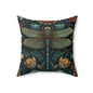 William Morris Inspired Dragonfly Pillow, Teal Botanical Art Nouveau Cushion, Elegant Floral Square Throw Pillow