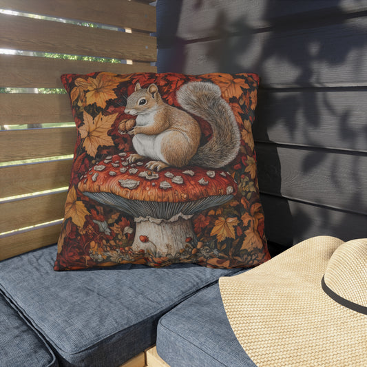 Autumn Squirrel Outdoor Pillow, Woodland Mushroom Throw Pillow, Fall Animal Cushion, Cottagecore Forest Decor, Patio Accent Pillow