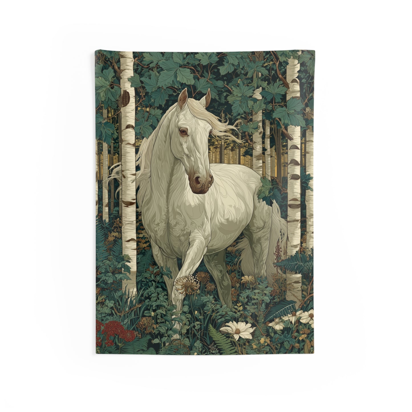 White Horse Forest Tapestry Birch Woodland Botanical Wall Hanging