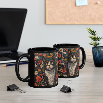 Tuxedo Cat Floral Mug, Vintage Botanical Cat Coffee Mug, William Morris Inspired Black Ceramic Mug 11oz & 15oz