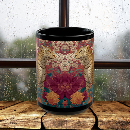 Floral Leopard Mug, Black Ceramic Jungle Coffee Cup 11oz & 15oz – Tropical Wild Cat Art Gift for Animal Lovers & Home Decor