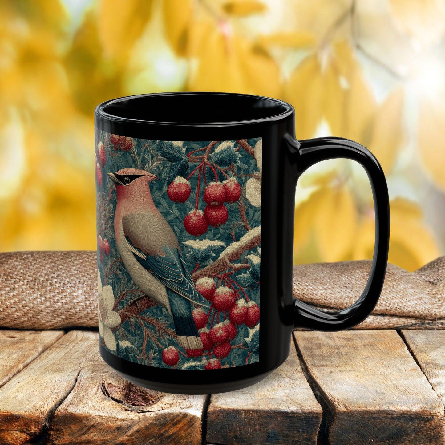 Waxwing Bird Vintage Berry Botanical Black Mug (11oz,15oz) Nature Lover Wildlife Art Gift