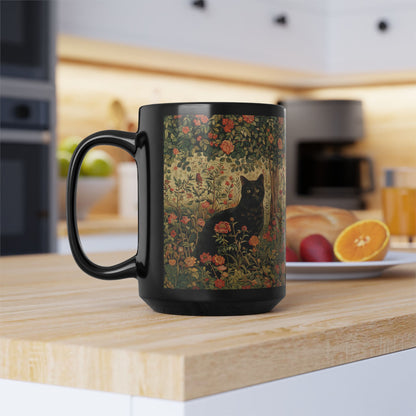 Black Cat Floral Mug, William Morris Style Botanical Cat Coffee Mug, Dark Academia Black Ceramic Mug 11oz & 15oz