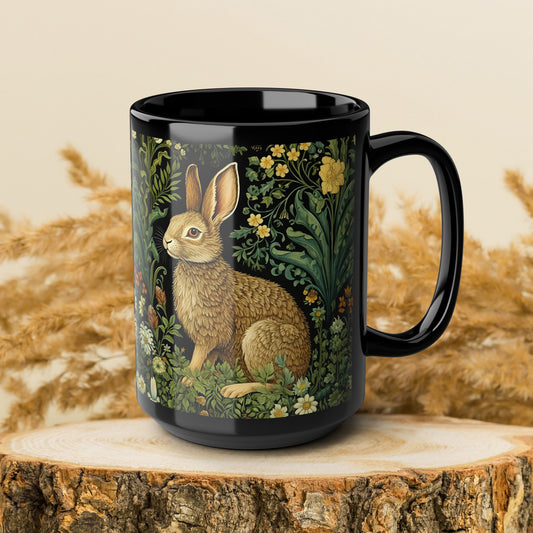 William Morris Inspired Botanical Bunny Cottagecore Black Coffee Mug For Her Him Ceramic Mug Black Mug 11oz, 15oz