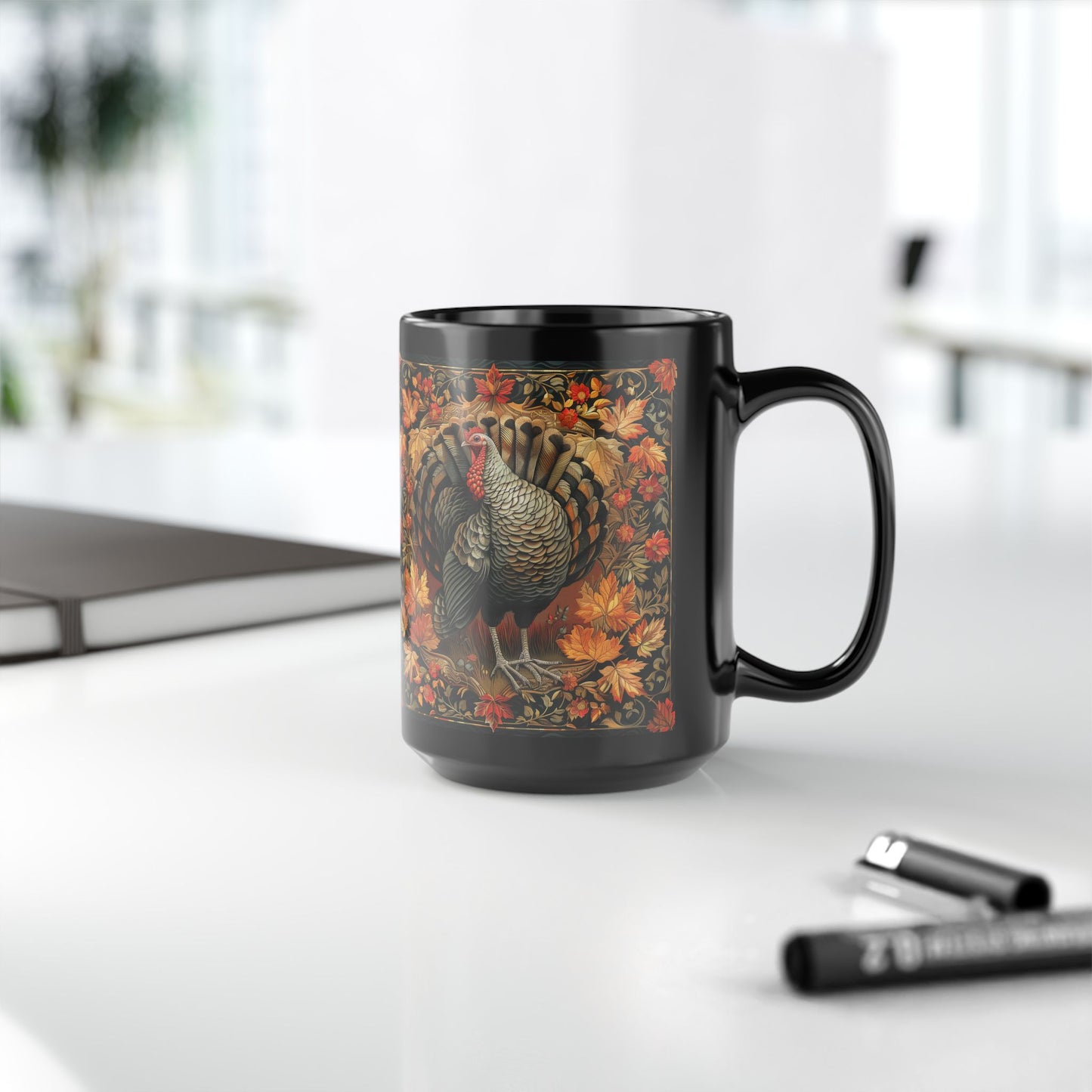 Fall Turkey William Morris Inspired Black Coffee Mug For Her Him Ceramic Mug Black Mug 11oz, 15oz