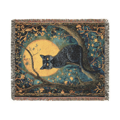 Mystic Moon Cat Woven Blanket, Black Cat Tapestry Style Throw, Celestial Night Decor