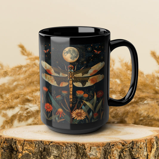 Cottagecore Dragonfly Full Moon Black Coffee Mug - William Morris Style