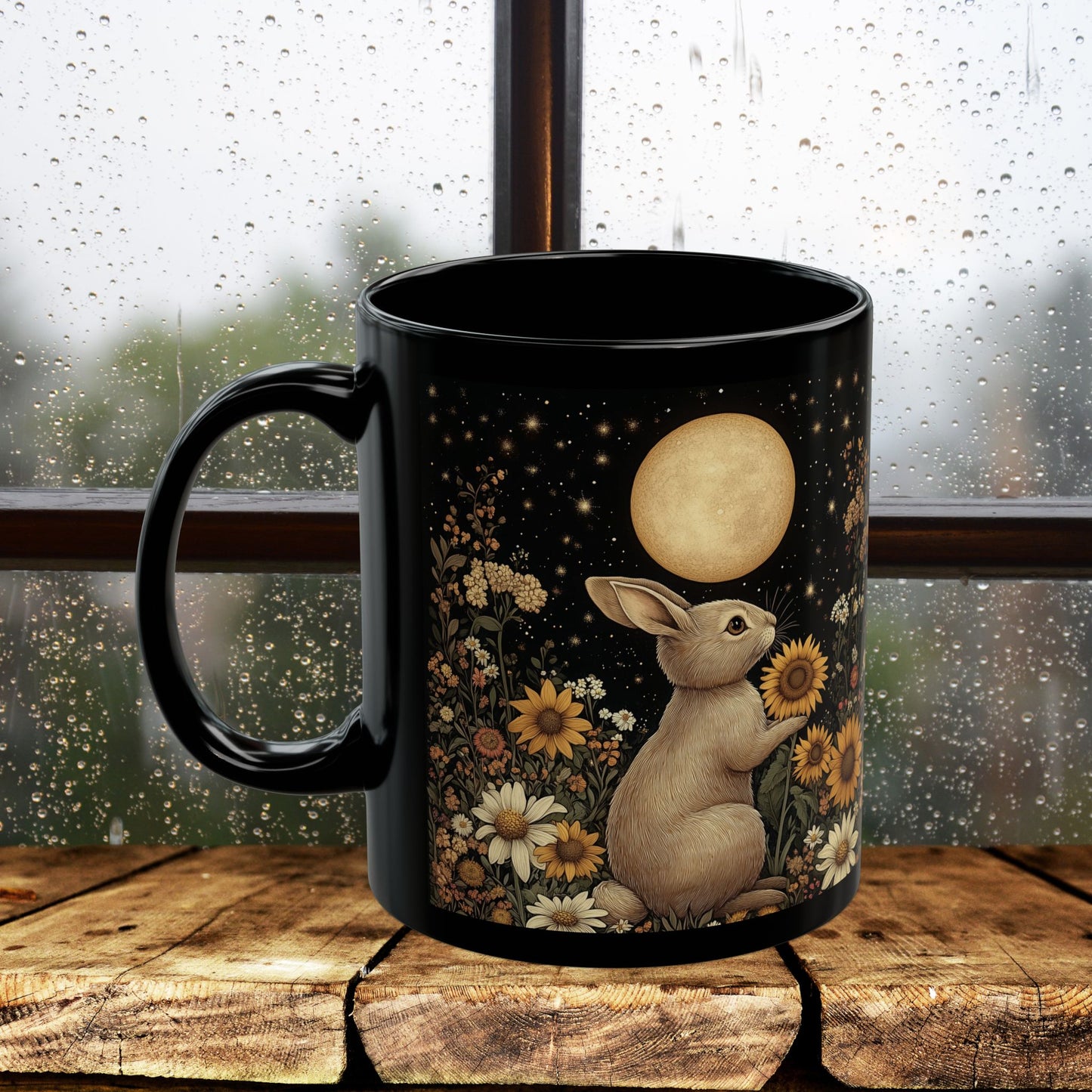 Moon Rabbit Coffee Mug, William Morris Inspired Floral Bunny Black Ceramic Cup (11oz, 15oz)