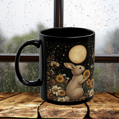 Moon Rabbit Coffee Mug, William Morris Inspired Floral Bunny Black Ceramic Cup (11oz, 15oz)