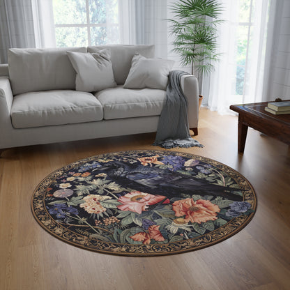 Round Rug - William Morris Inspired Black Raven Ornamental Gothic Floor Carpet