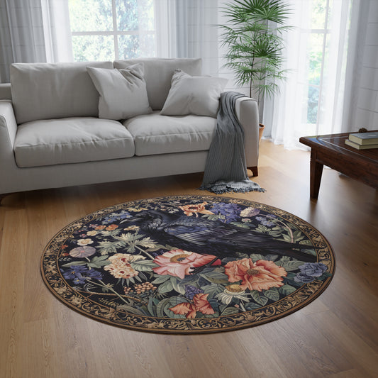 Round Rug - William Morris Inspired Black Raven Ornamental Gothic Floor Carpet
