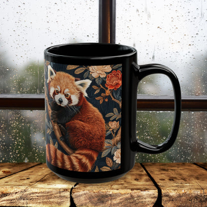 Red Panda Black Mug: William Morris Inspired Forest Design (11oz, 15oz)