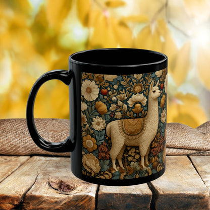 Vintage Floral Llama Mug | Black Ceramic Coffee Cup