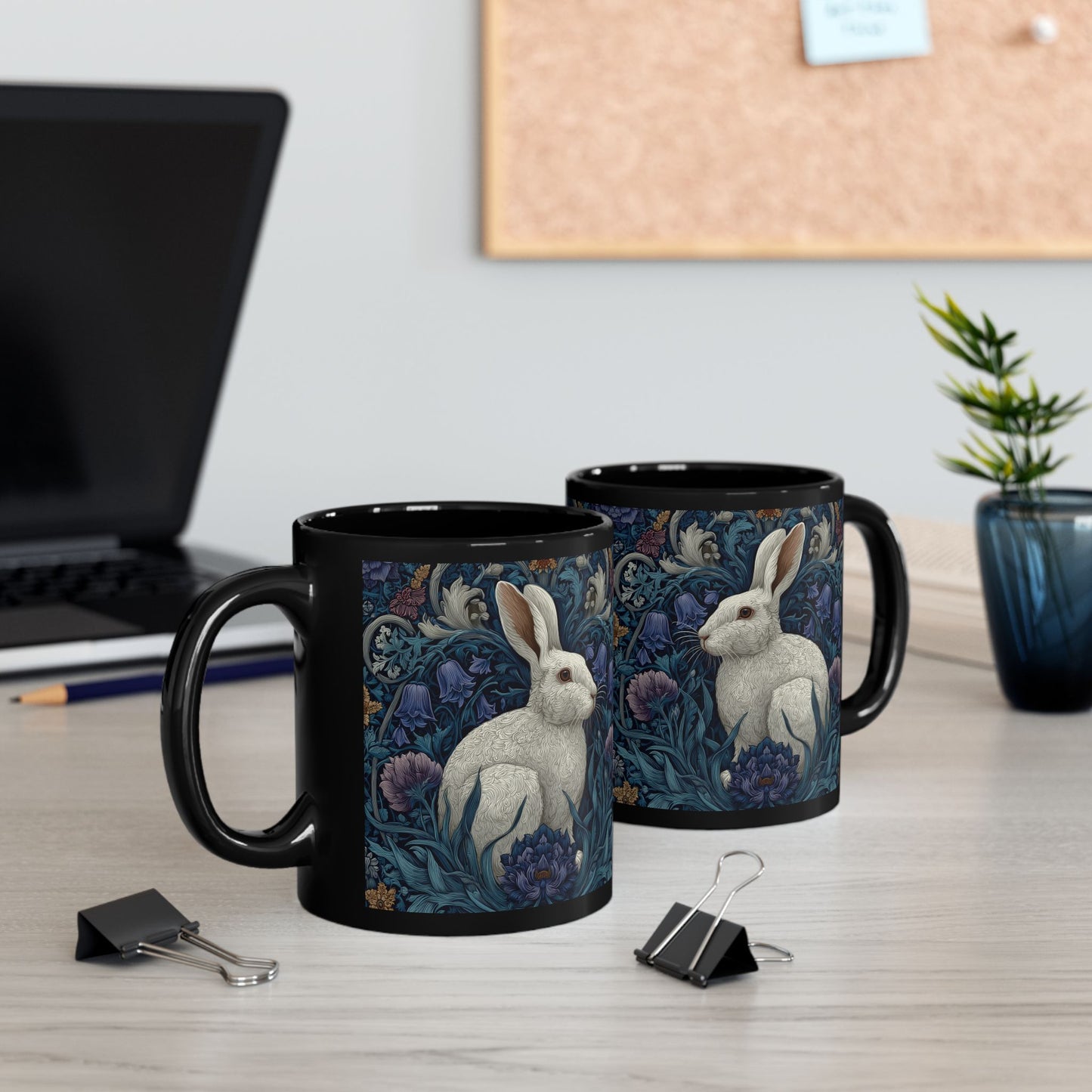 Rabbit Floral Black Mug, Vintage William Morris Style Bunny Coffee Cup (11oz/15oz)