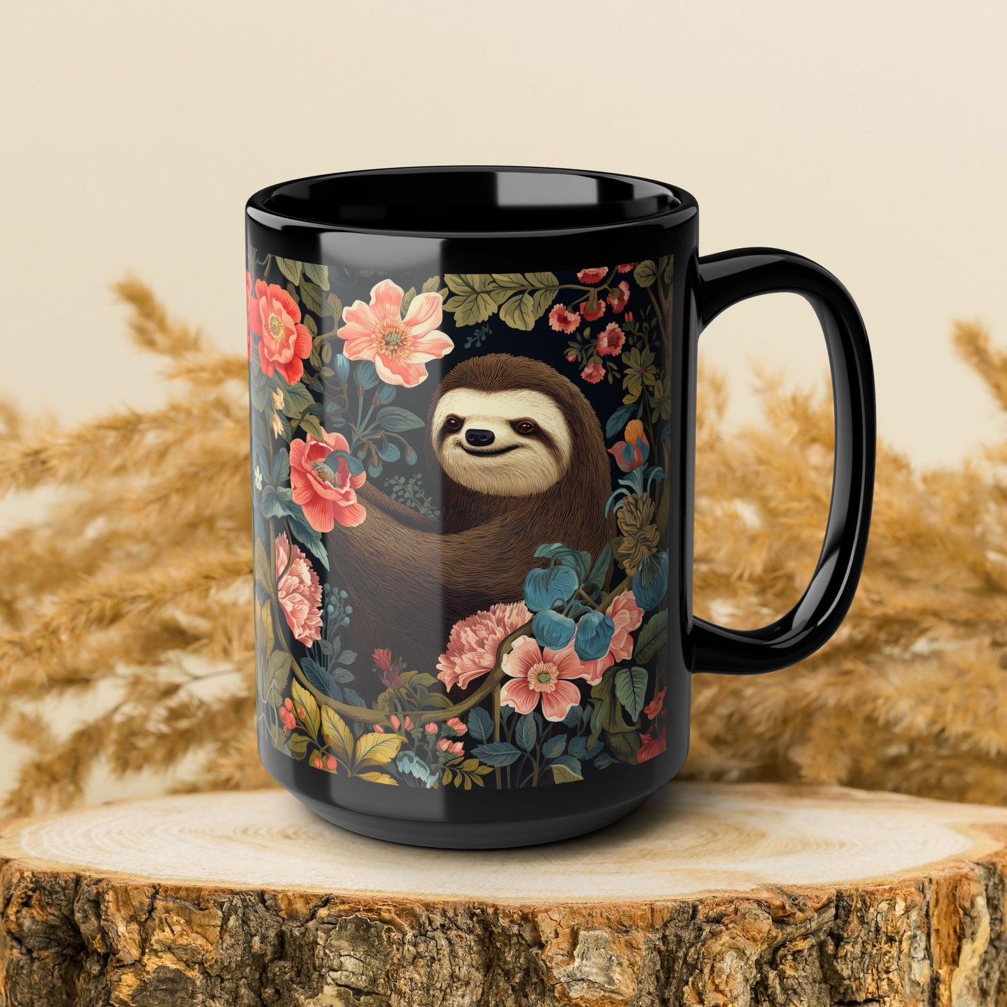 Floral Sloth Black Mug - Cute Coffee/Tea Cup (11oz & 15oz)
