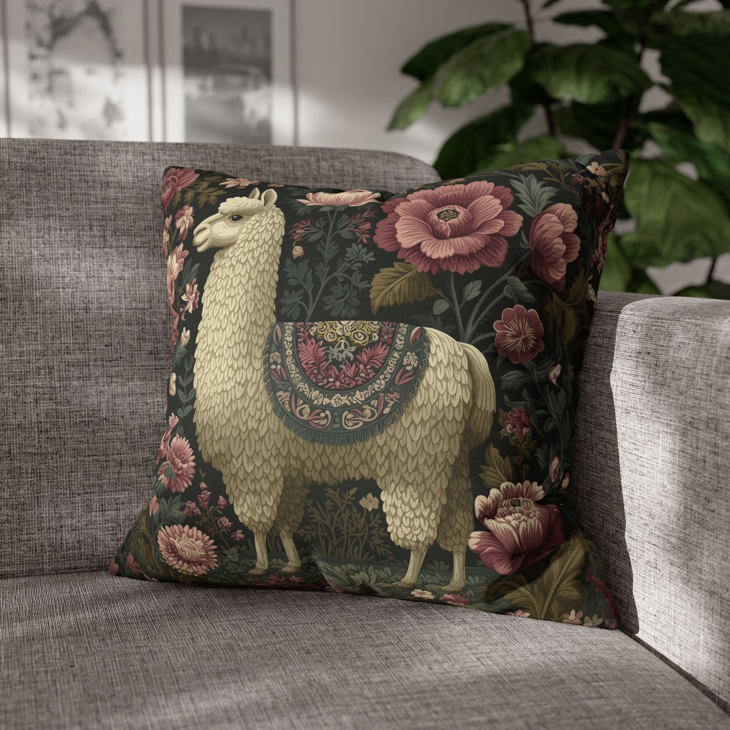 Llama Floral Pillowcase, William Morris Style Animal Cushion with Vintage Botanical Design