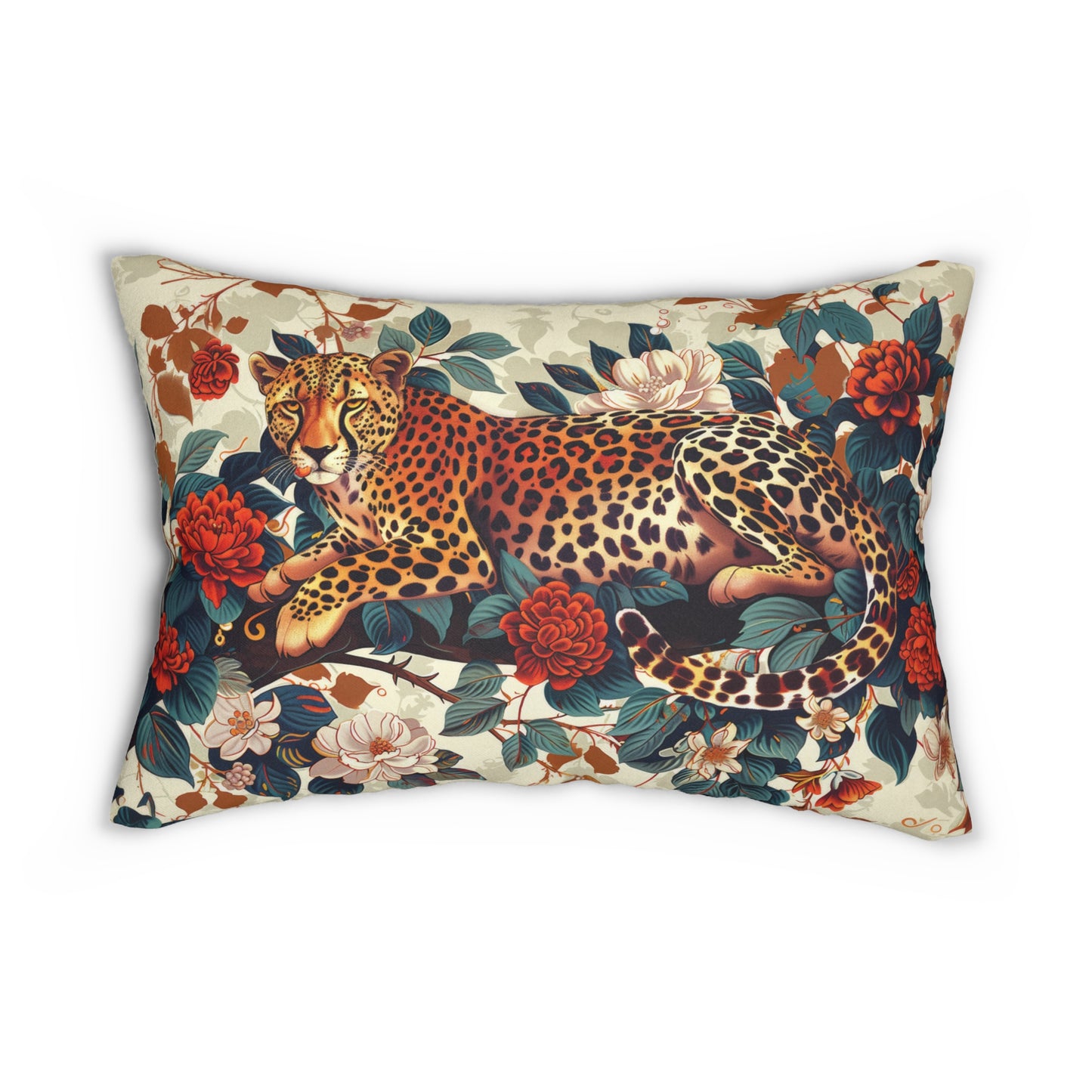 Floral Cheetah Pattern William Morris Inspired Spun Polyester Lumbar Pillow