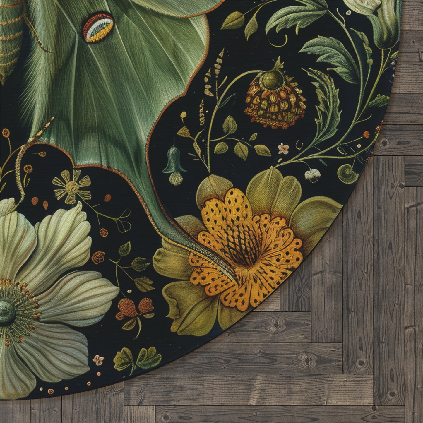 Woodland Luna Botanical Round Rug, William Morris Inspired Decor Carpet, Area Mat Floral Design