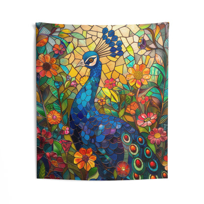 Tapestry of Peacock Faux Stained Glass, Vibrant Psychedelic, Art Wall Tapestries