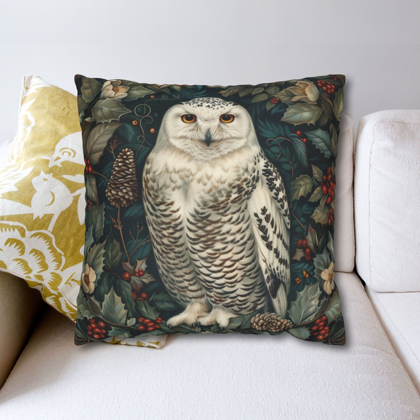 William Morris Inspired Snow Owl Winter Botanicals Home Decor Pillowcase