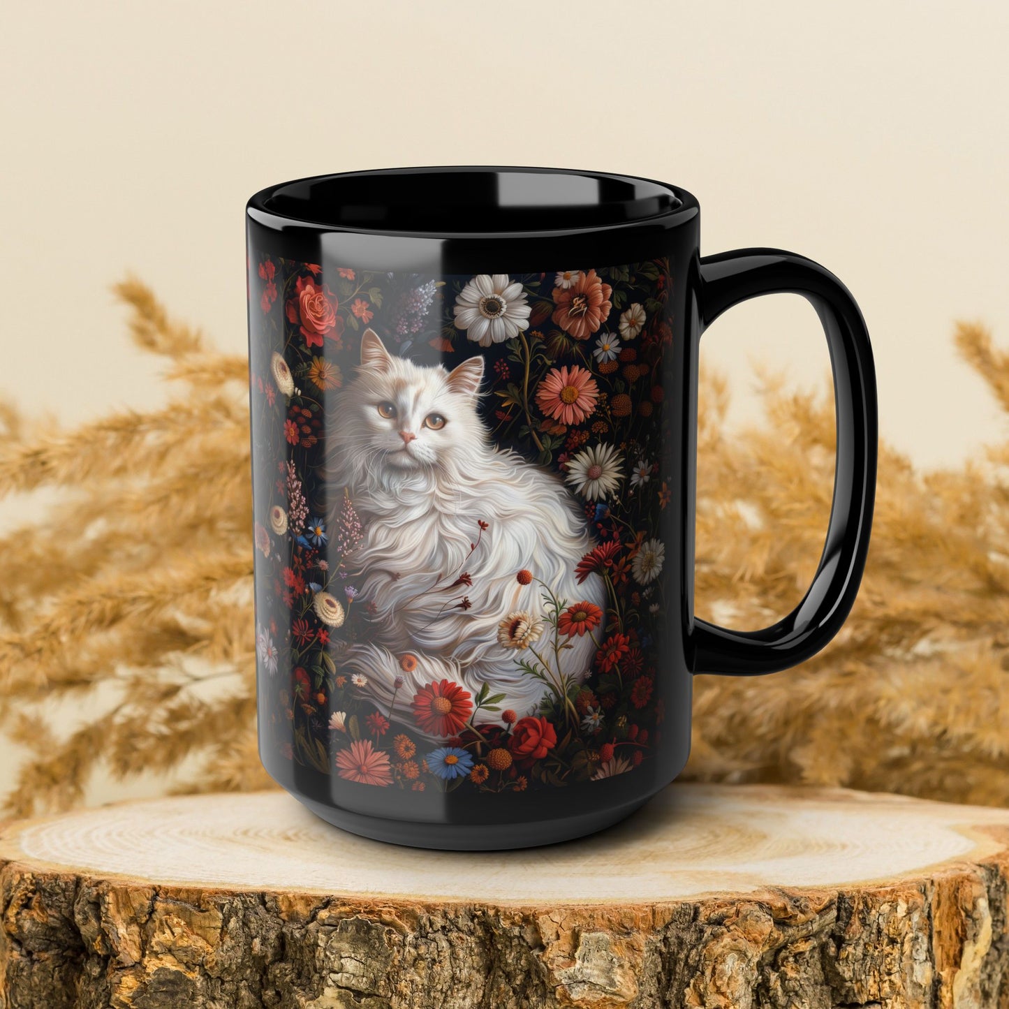 William Morris Inspired White Persian Cat Florals Garden Black Coffee Mug, Cat Lover Gift