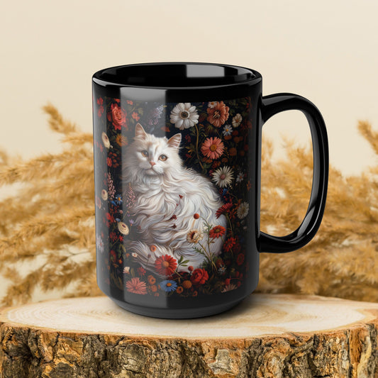 William Morris Inspired White Persian Cat Florals Garden Black Coffee Mug, Cat Lover Gift