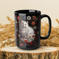 William Morris Inspired White Persian Cat Florals Garden Black Coffee Mug, Cat Lover Gift
