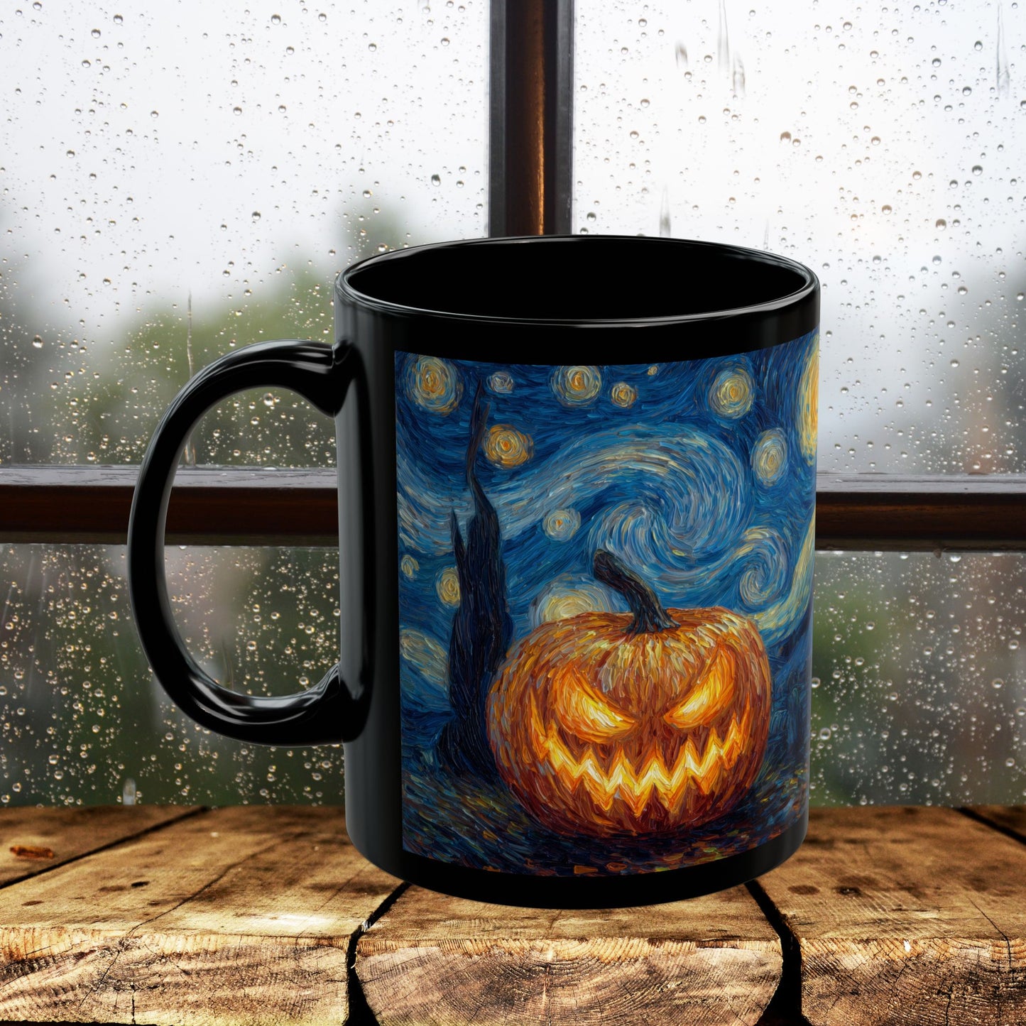 Halloween Pumpkin Art Mug, Black Mug for Halloween Decor, Starry Night Inspired, Spooky Coffee Cup, Gift for Pumpkin Lovers