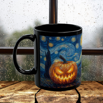 Halloween Pumpkin Art Mug, Black Mug for Halloween Decor, Starry Night Inspired, Spooky Coffee Cup, Gift for Pumpkin Lovers
