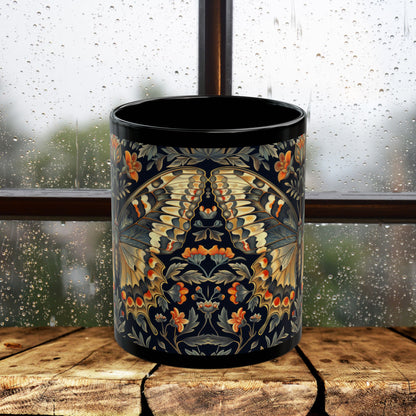 William Morris Butterfly Coffee Mug, Botanical Woodland Black Ceramic Cup, Vintage Insect Lover Gif