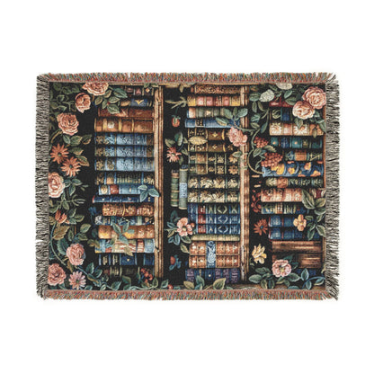 Vintage Bookshelf Woven Blanket, Dark Academia Cotton Throw With Fringe Edges