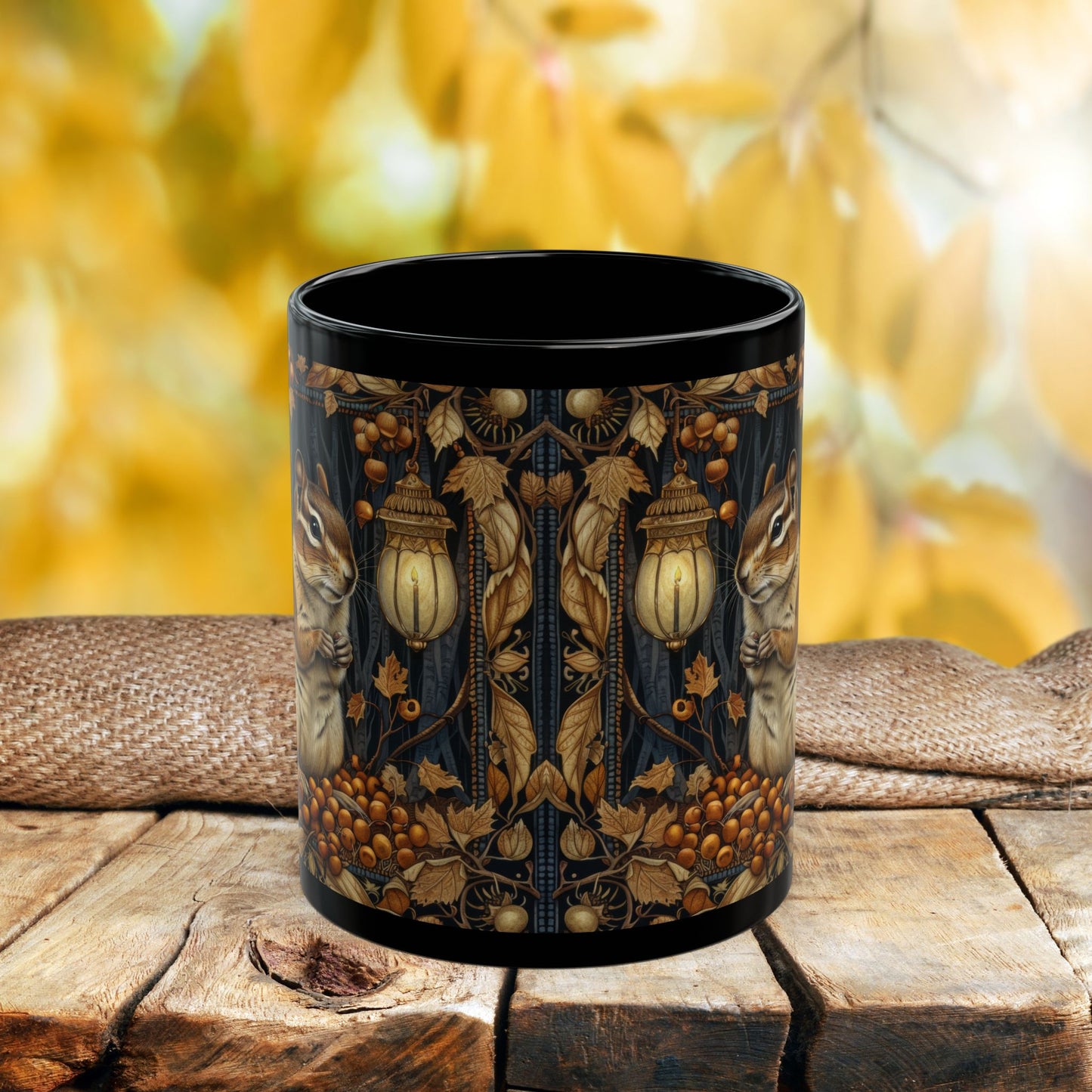 Mug - William Morris Inspired Chipmunk Among Acorn Lanterns Black Mug 11oz, 15oz