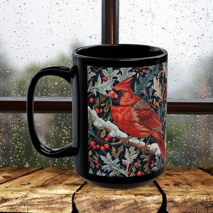 Red Cardinal Among Winter Florals Black Mug (11oz, 15oz)