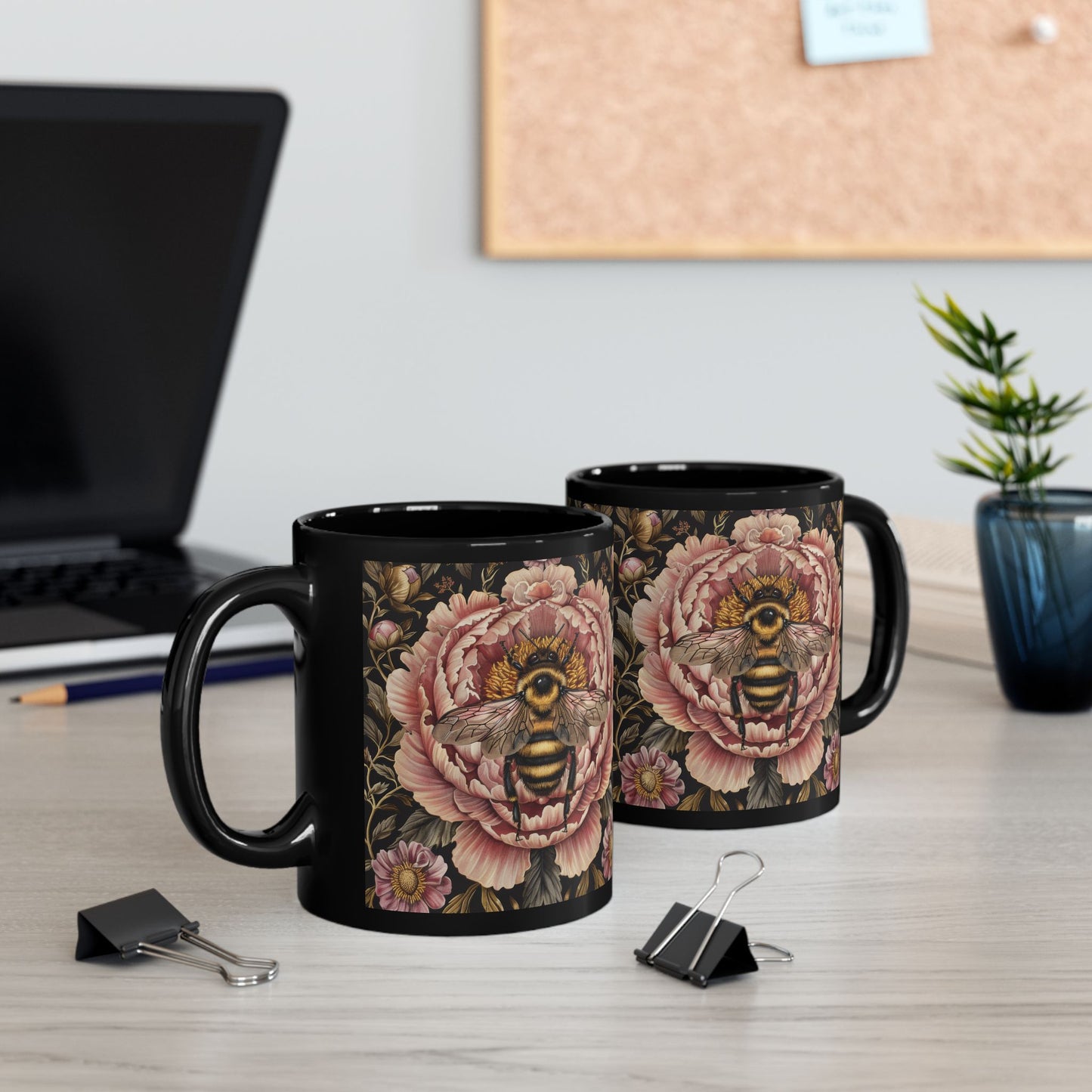 William Morris Inspired Bumblebee Pink Peony Black Coffee Mug For Her Him Ceramic Mug Black Mug 11oz, 15oz