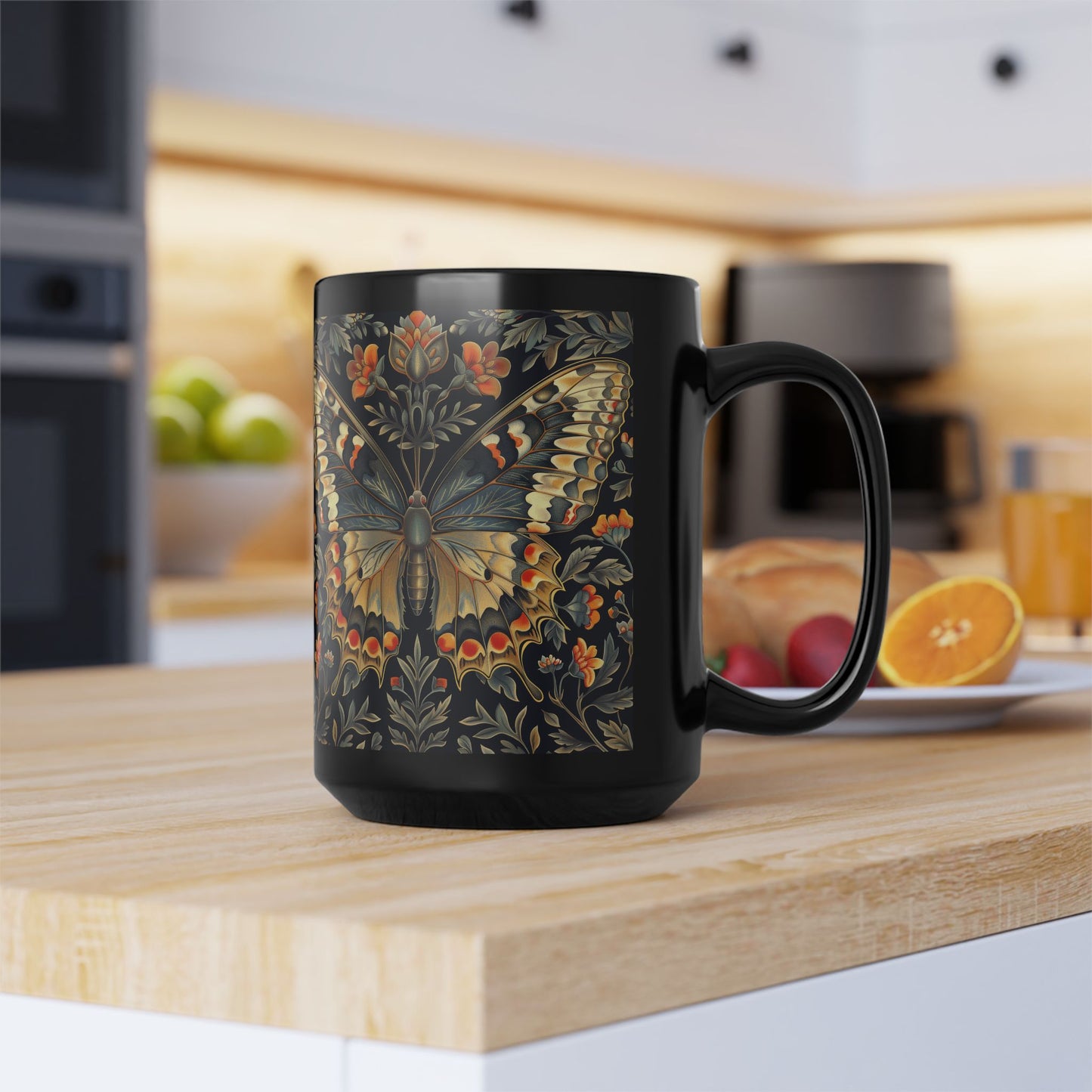 Beautiful Butterfly With Floral Motifs In The Style Of William Morris, Art Nouveau Design Black Mug 11oz, 15 oz