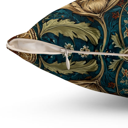 William Morris Inspired Moth Pillow, Teal Botanical Art Nouveau Cushion, Vintage Floral Nature Square Pillow