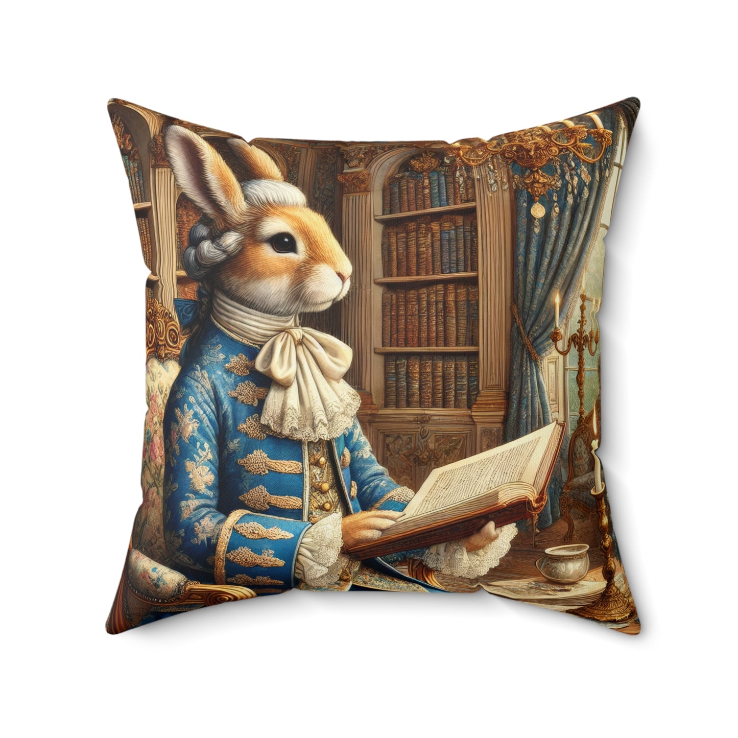 Victorian Rococo Bunny Pillow: Whimsical Blue Gold Accent Cushion