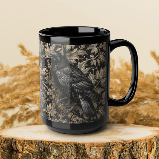 Vintage Gothic Crow Boho Floral William Morris Black Coffee Mug, Halloween Gift, Witch Kitchen Decor, Unique Tea Cup, Bird Lover Mug, Gothic