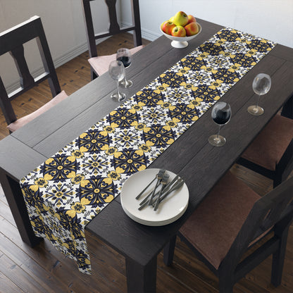 Blue And Yellow Floral Pattern, Azulejo Tile Design Table Runner Home Decor (Cotton, Poly ) Decorative Dining Room Table