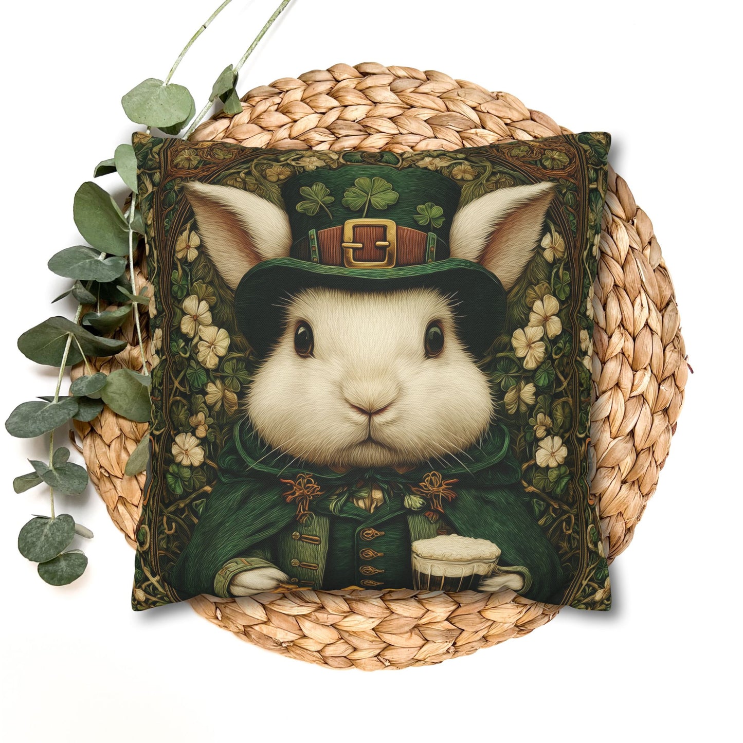 Leprechaun Bunny Decorative Pillowcase, St Patrick Day William Morris Style Rabbit Cushion