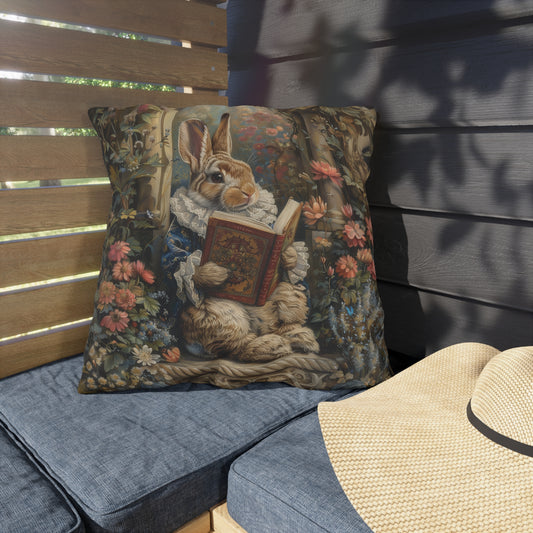 Storybook Reading Bunny Outdoor Pillow, Vintage Rabbit Throw Pillow, Cottagecore Bunny Cushion, Whimsical Garden Decor, Farmhouse Accent Pillow, Book Lover Gift