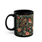 William Morris Inspired Botanical Birds Black Coffee Mug 11oz, 15 oz